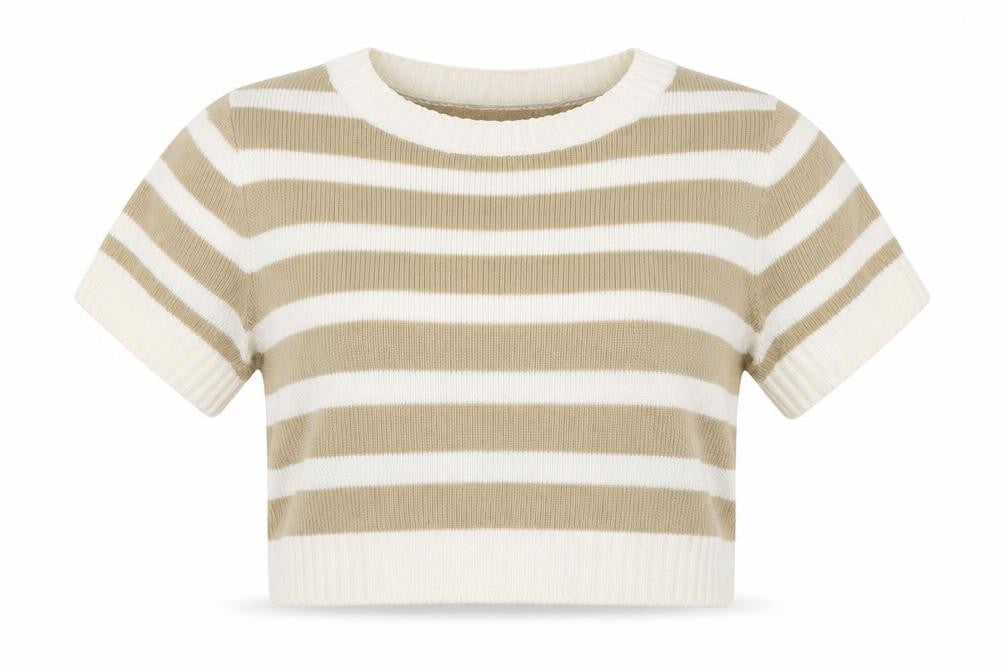 H&M Womens Beige Striped Acrylic Basic T-Shirt Size S Round Neck