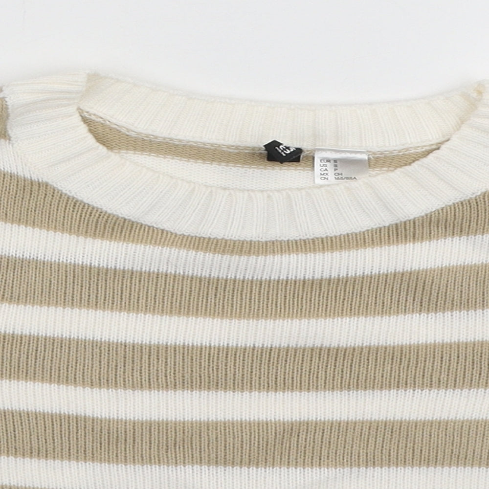 H&M Womens Beige Striped Acrylic Basic T-Shirt Size S Round Neck
