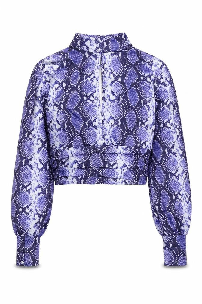 Topshop Womens Blue Animal Print Polyester Basic Blouse Size 6 Mock Neck - Snake Print
