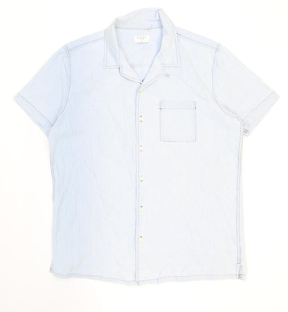 Easy Mens Blue Cotton Button-Up Size L Collared Button
