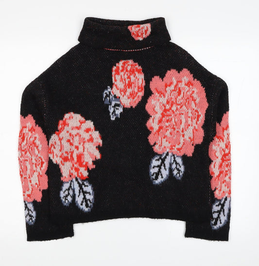 Marks and Spencer Womens Black Roll Neck Floral Acrylic Pullover Jumper Size S - Roses