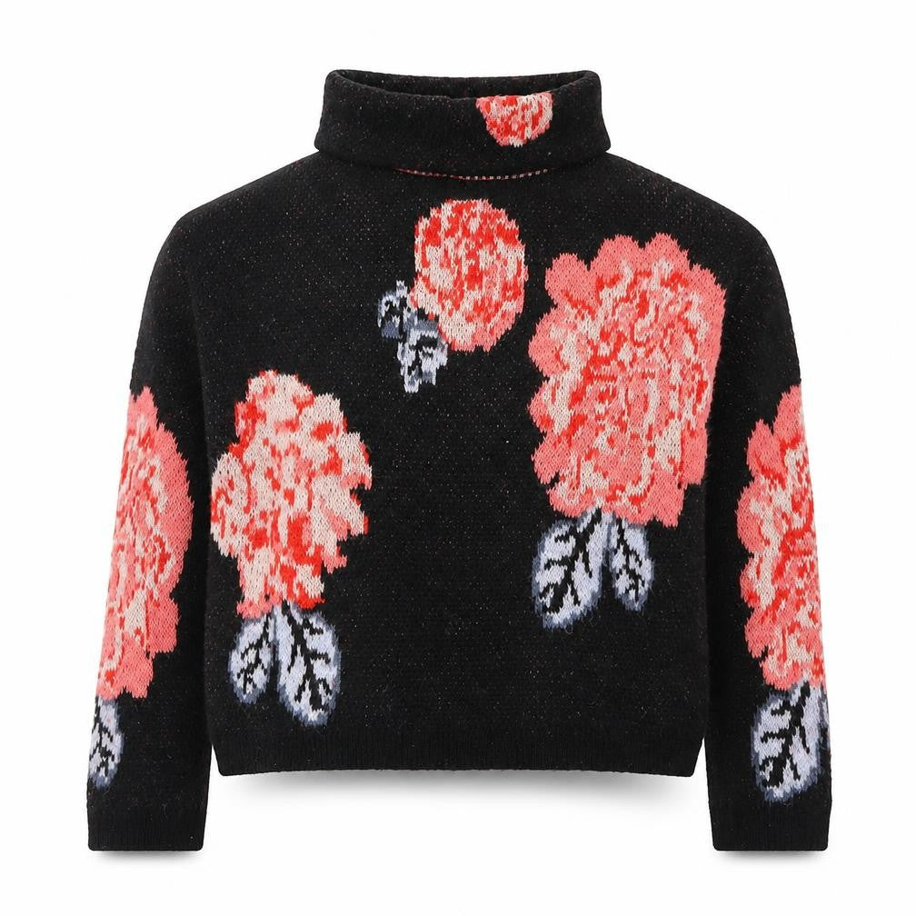 Marks & Spencer Womens Black Roll Neck Floral Acrylic Pullover Jumper Size S - Roses