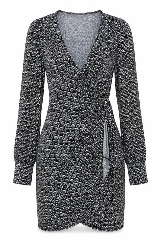 Miss Selfridge Womens Black Geometric Polyester Wrap Dress Size 6 V-Neck Tie