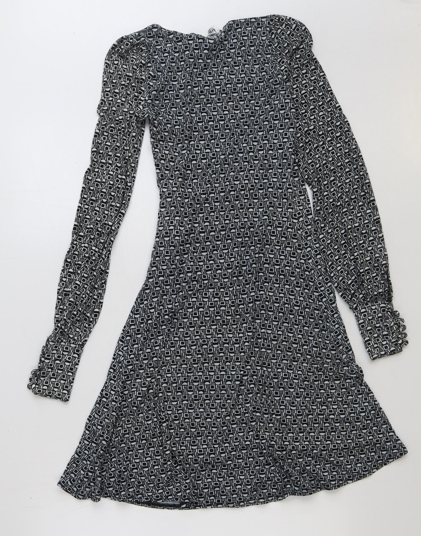 Miss Selfridge Womens Black Geometric Polyester Wrap Dress Size 6 V-Neck Tie