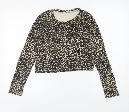 Zara Womens Brown Animal Print Viscose Cropped T-Shirt Size M Boat Neck - Leopard Print