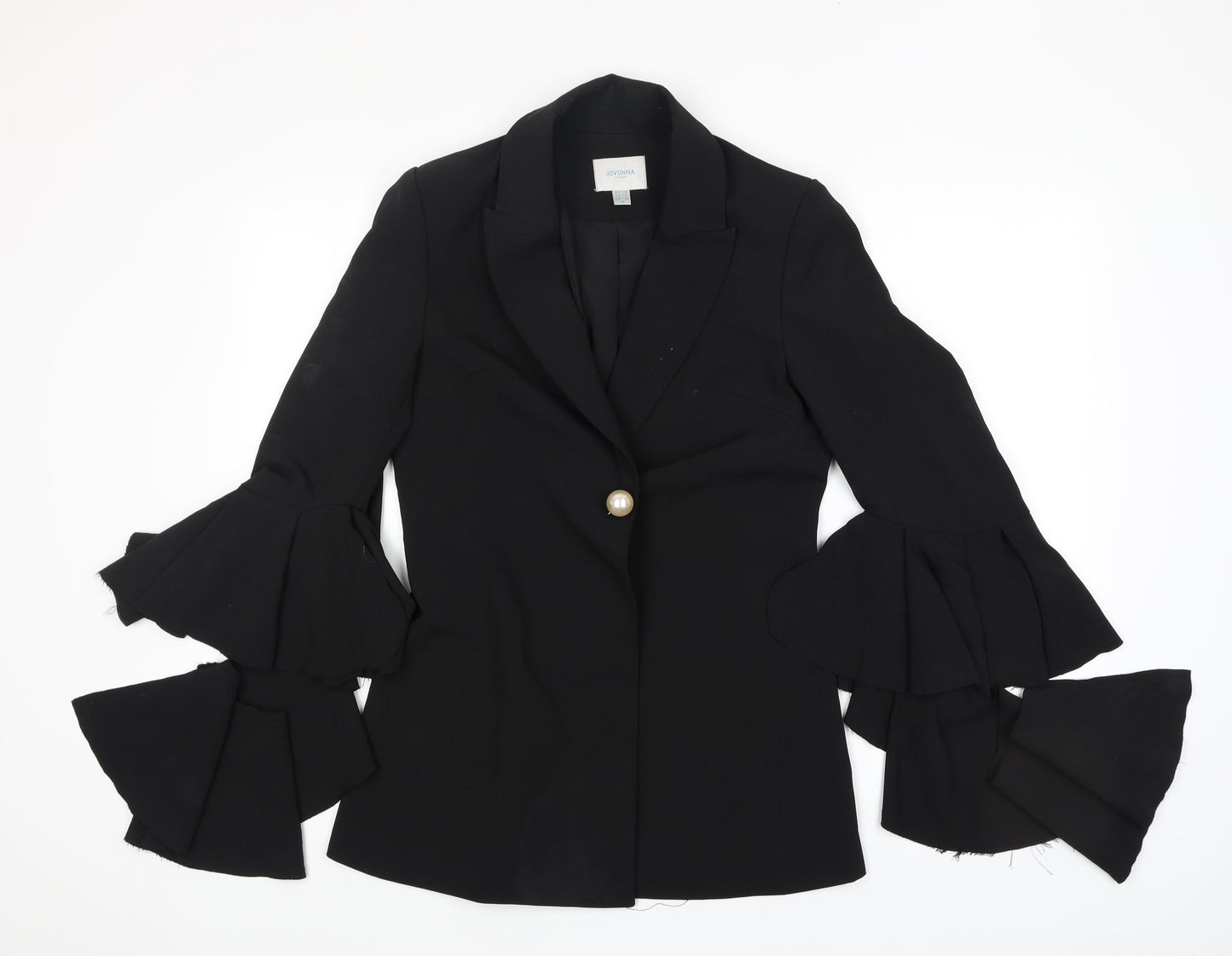 Jovonna London Womens Black Jacket Blazer Size 8 Snap - Long Ruffle Sleeve