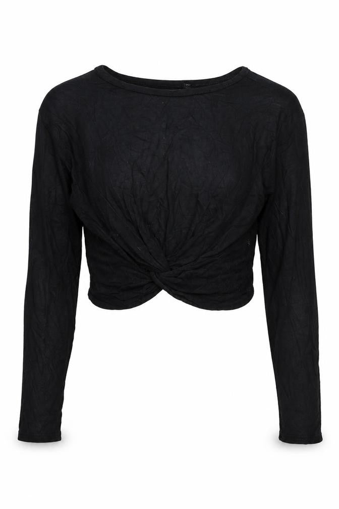 PRETTYLITTLETHING Womens Black Polyester Cropped Blouse Size 8 Round Neck - Knot detail