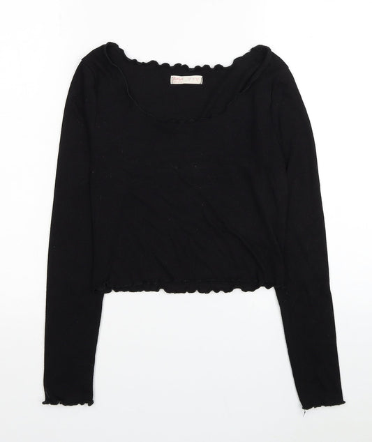 ROMWE Womens Black Polyester Cropped Blouse Size S Scoop Neck - Ribbed