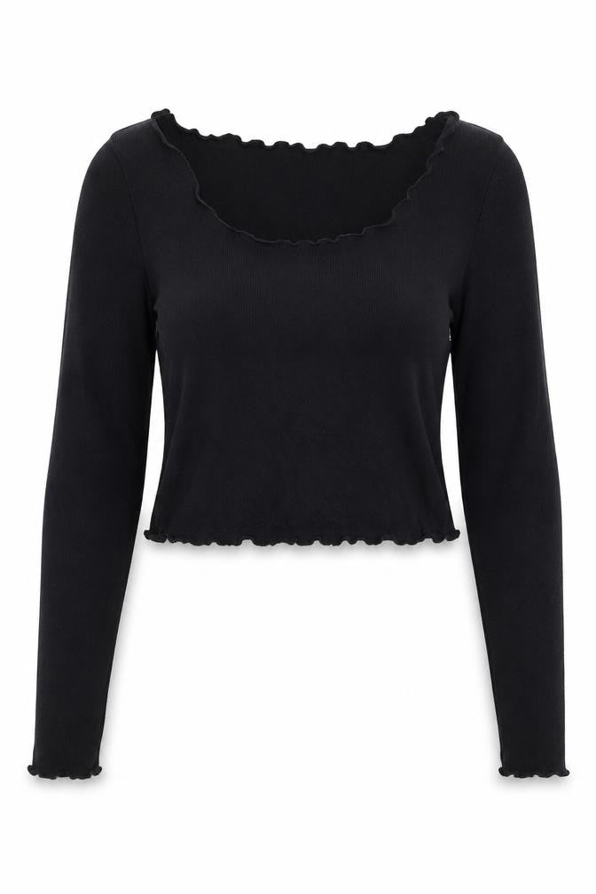 ROMWE Womens Black Polyester Cropped Blouse Size S Scoop Neck - Ribbed