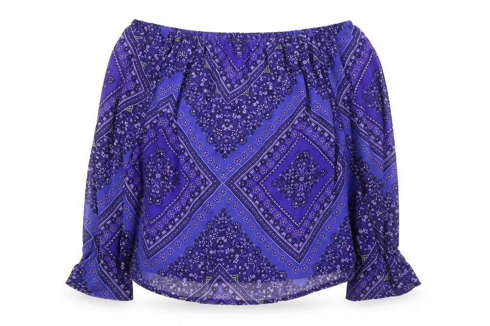 F&F Womens Purple Geometric Polyester Basic Blouse Size 12 Off the Shoulder