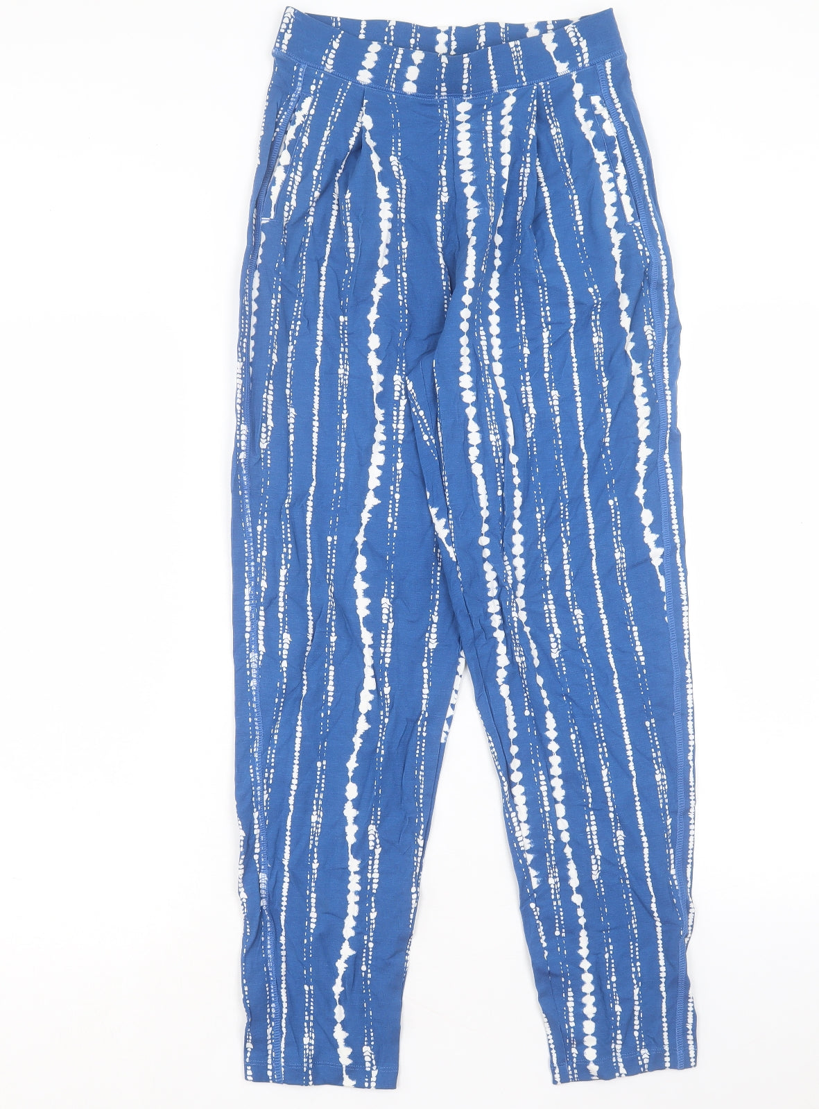 Marks and Spencer Womens Blue Geometric Viscose Trousers Size 8 L28 in Regular