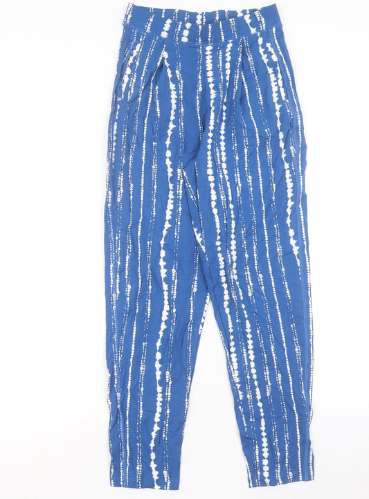 Marks and Spencer Womens Blue Geometric Viscose Trousers Size 8 L28 in Regular