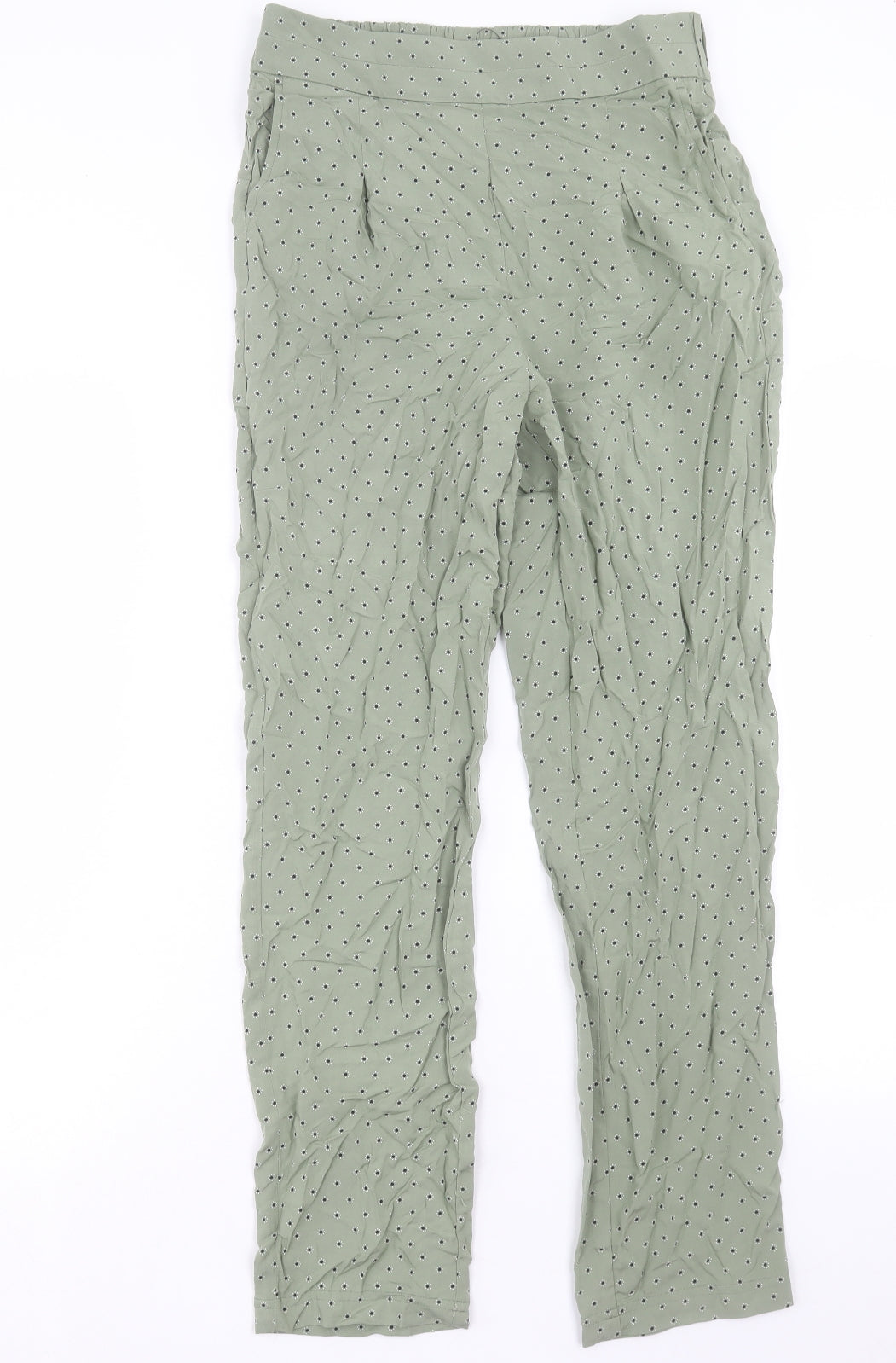 Marks and Spencer Womens Green Geometric Viscose Trousers Size 8 L28 in Regular