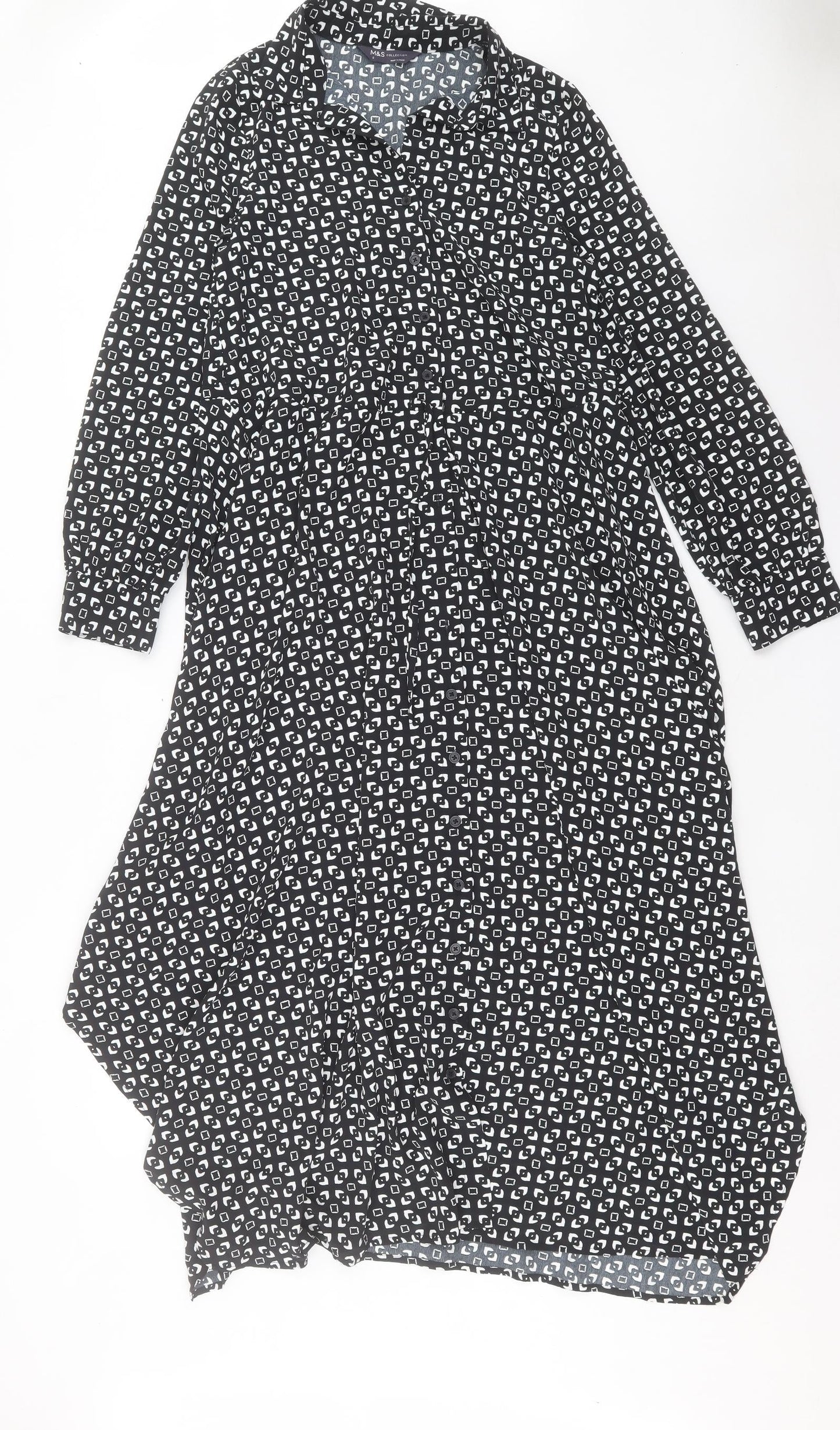 Marks and Spencer Womens Black Geometric Polyester A-Line Size 6 Collared Button