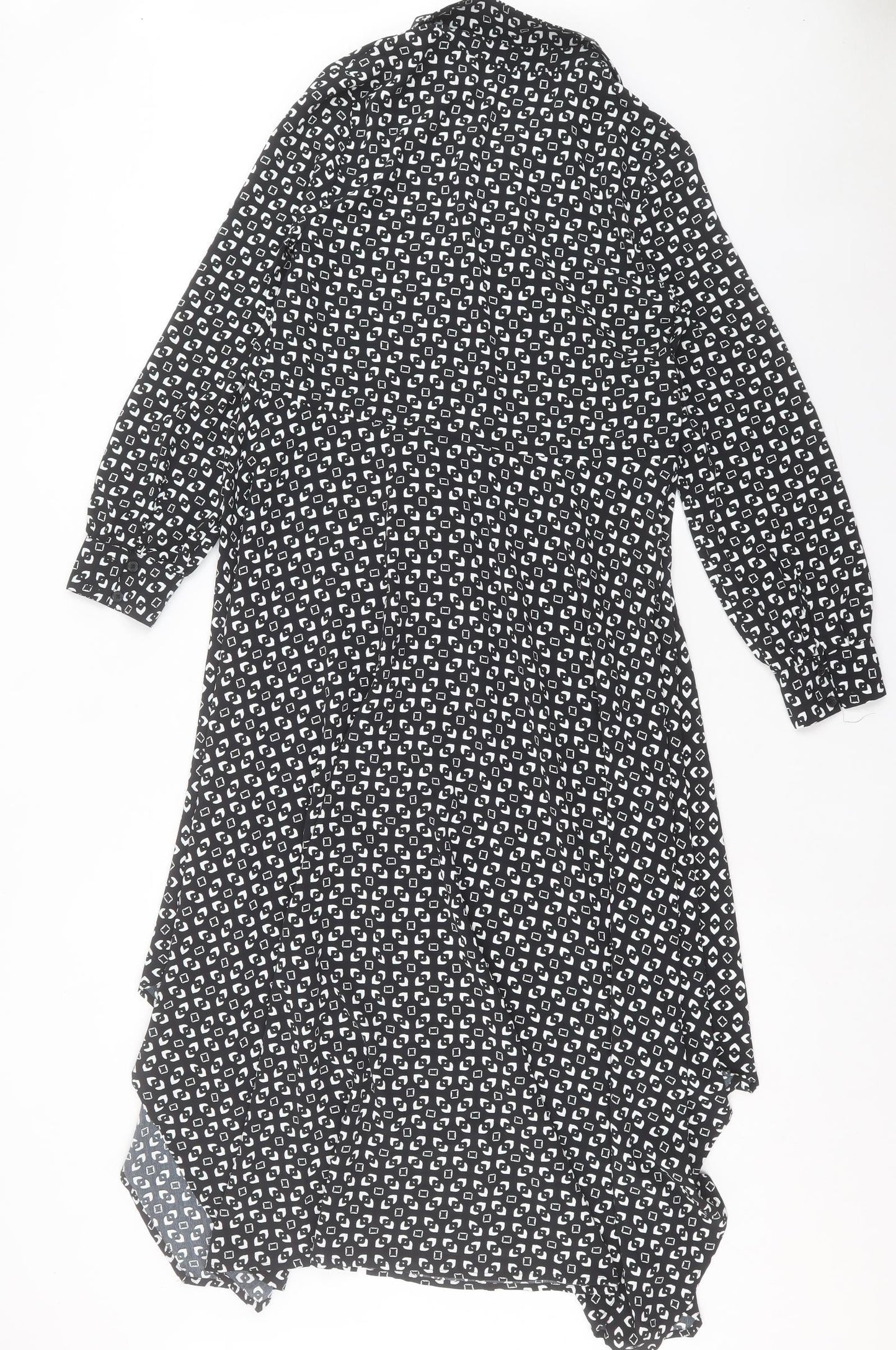 Marks and Spencer Womens Black Geometric Polyester A-Line Size 6 Collared Button