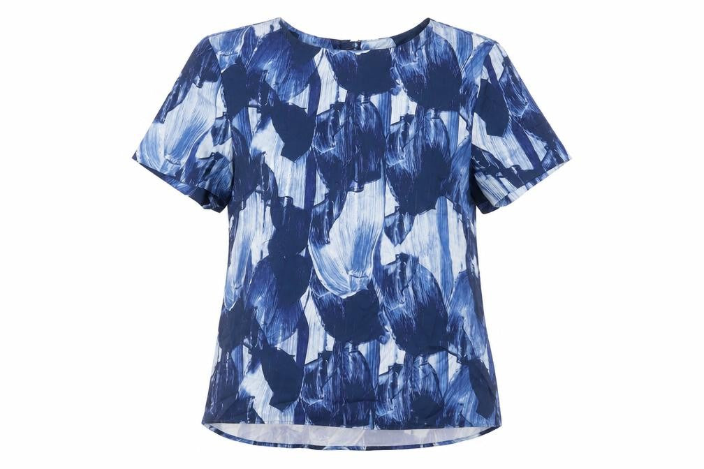 H&M Womens Blue Geometric Polyester Basic T-Shirt Size 6 Crew Neck
