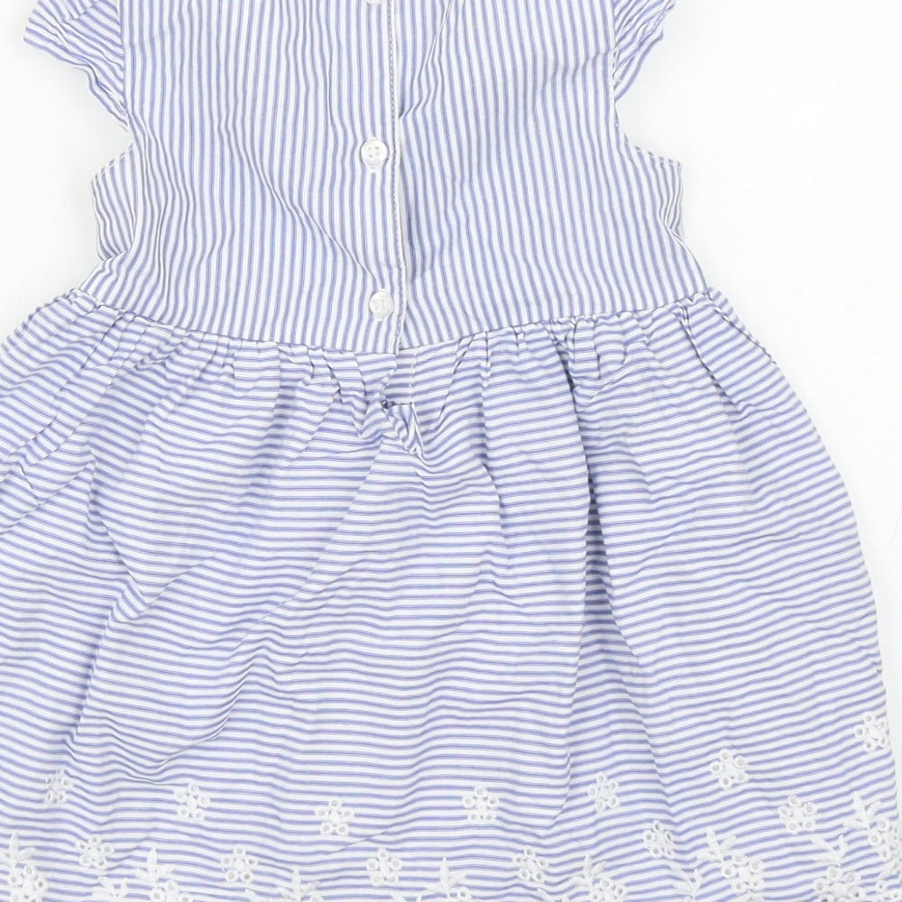 Early Days Girls Blue Striped Cotton Fit & Flare Size 9-12 Months Scoop Neck Button
