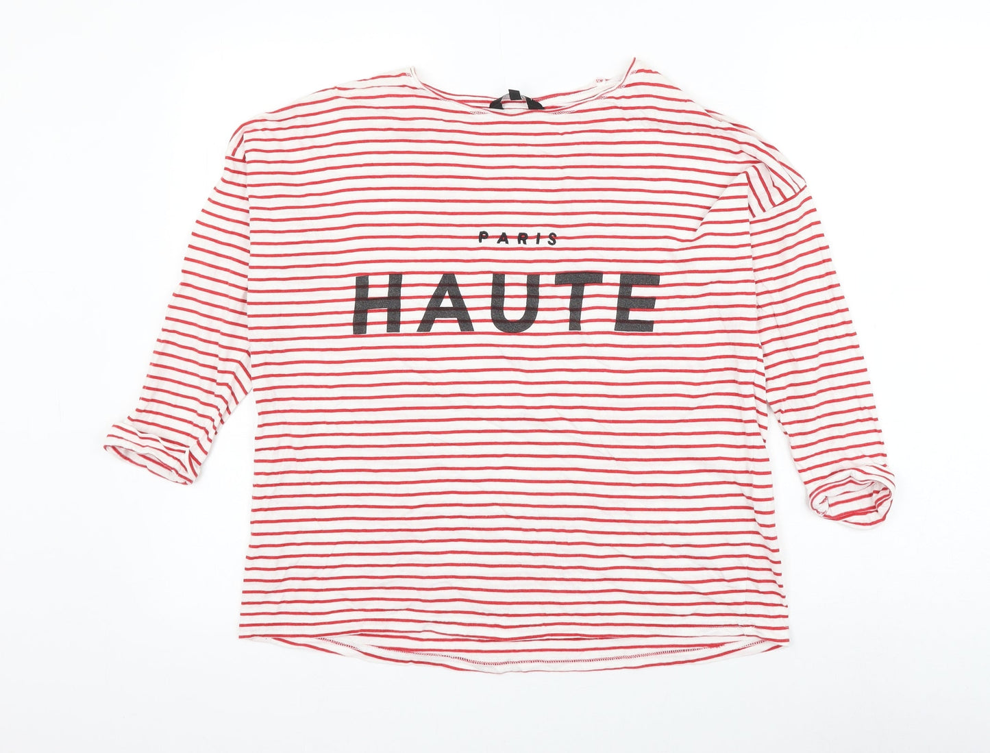 New Look Womens Red Striped Cotton Basic Blouse Size 8 Round Neck - Paris Haute