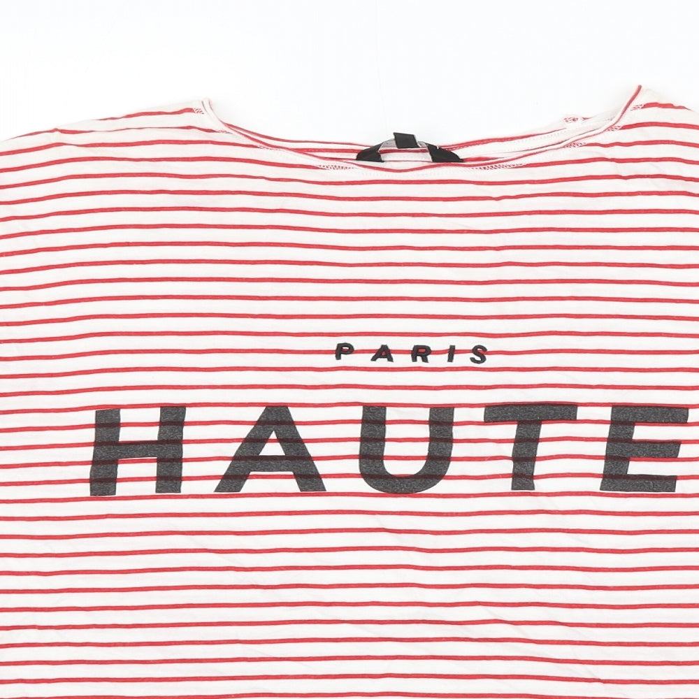 New Look Womens Red Striped Cotton Basic Blouse Size 8 Round Neck - Paris Haute