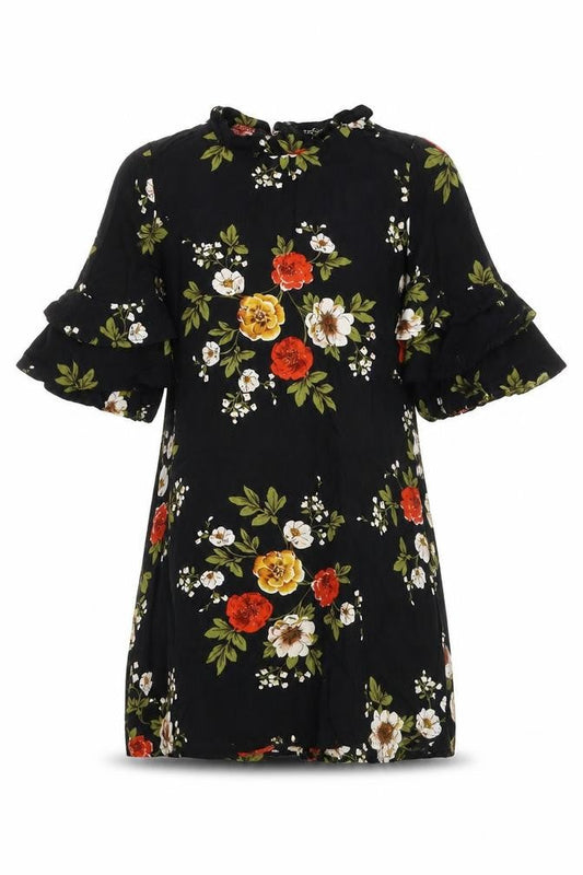 Boohoo Womens Black Floral Viscose T-Shirt Dress Size 4 Round Neck Zip