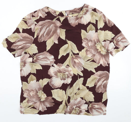 Preworn Womens Red Floral Viscose Basic Blouse Size 14 Boat Neck