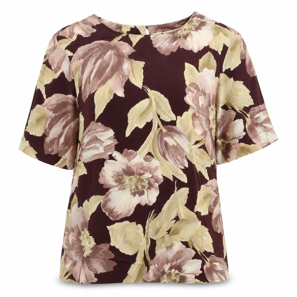 Preworn Womens Red Floral Viscose Basic Blouse Size 14 Boat Neck