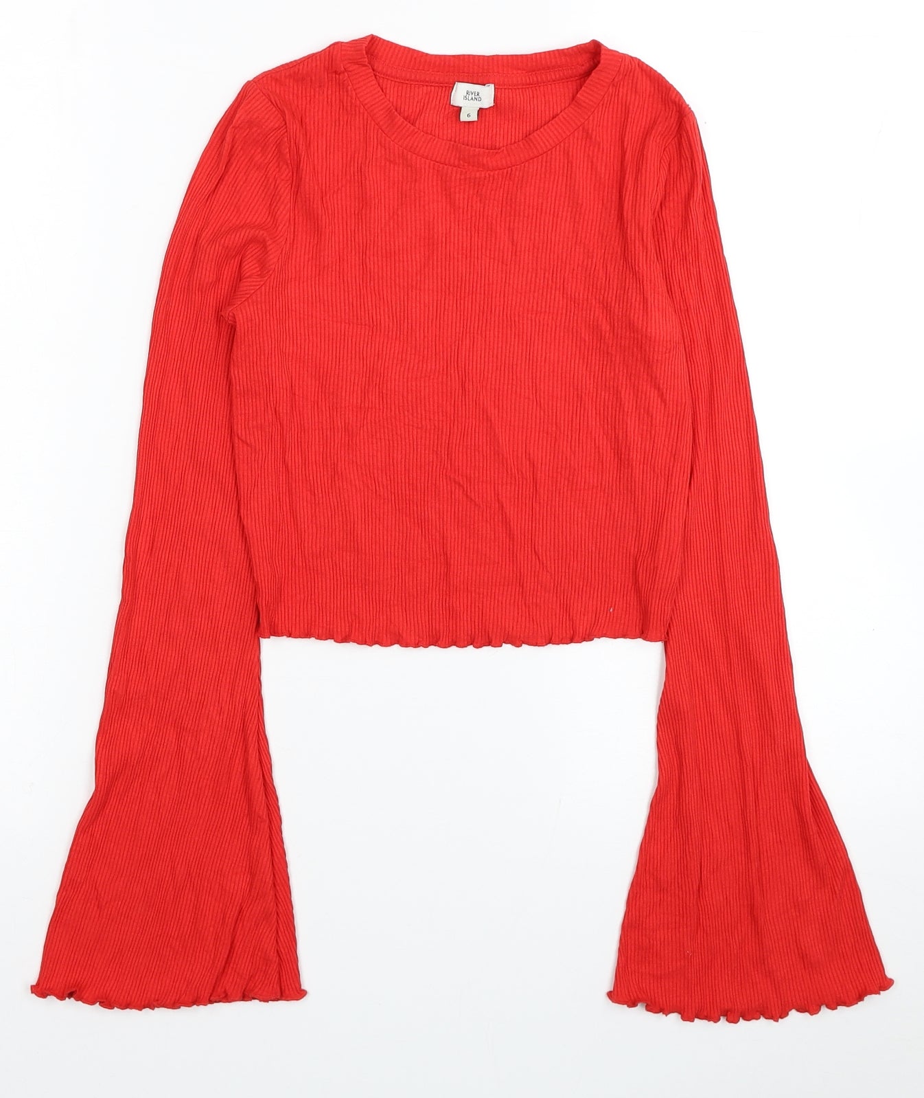 River Island Womens Red Viscose Cropped Blouse Size 6 Scoop Neck - Flared Sleeves
