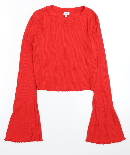 River Island Womens Red Viscose Cropped Blouse Size 6 Scoop Neck - Flared Sleeves