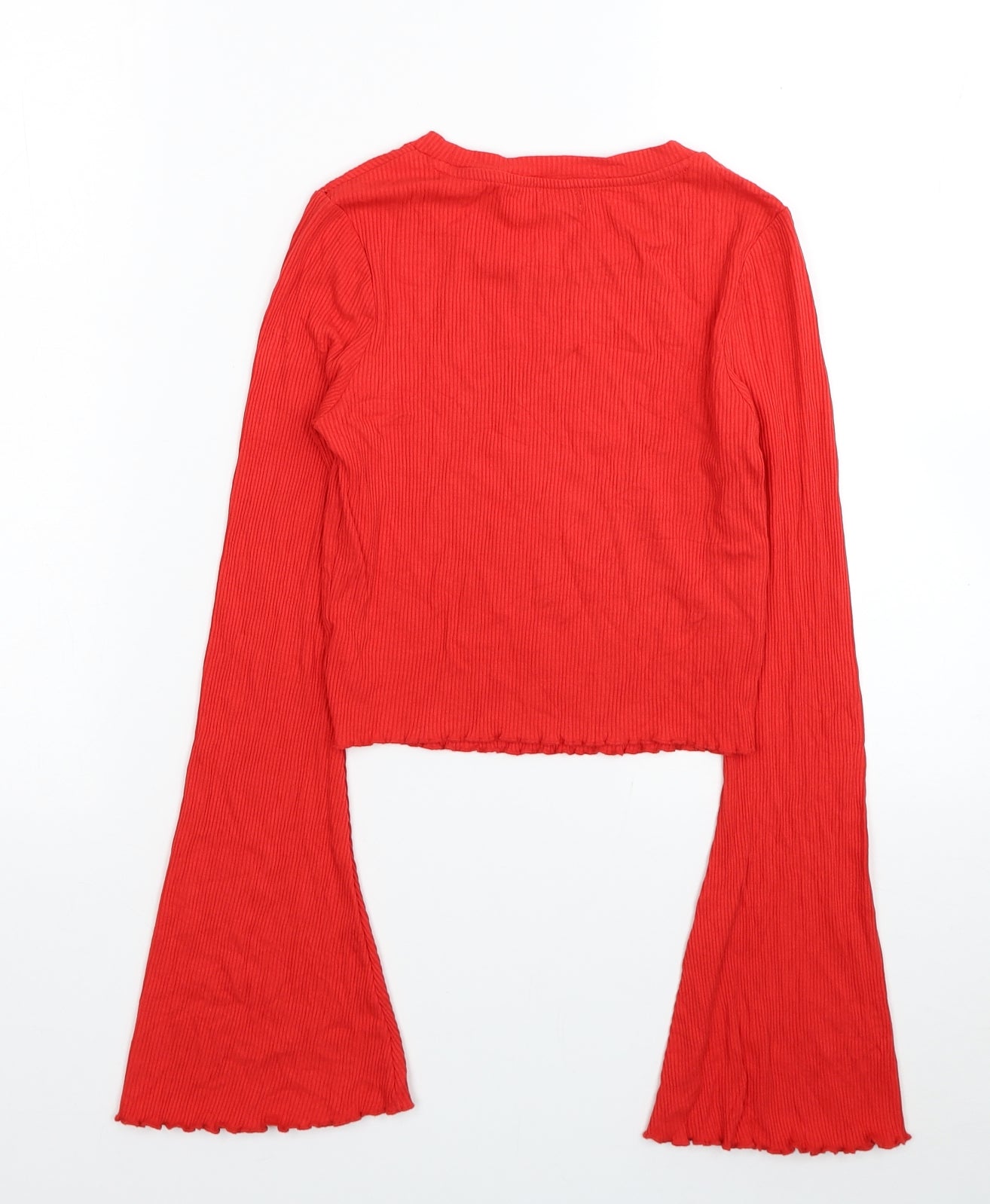 River Island Womens Red Viscose Cropped Blouse Size 6 Scoop Neck - Flared Sleeves