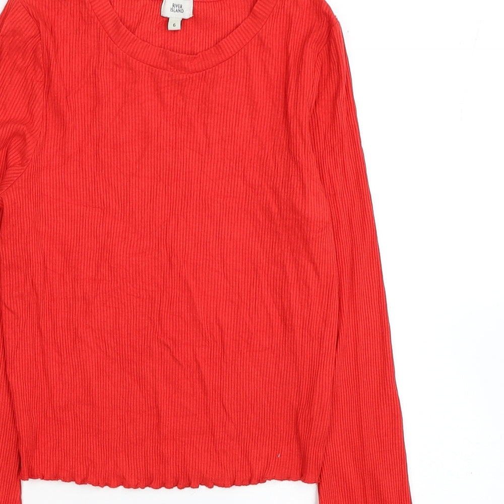 River Island Womens Red Viscose Cropped Blouse Size 6 Scoop Neck - Flared Sleeves