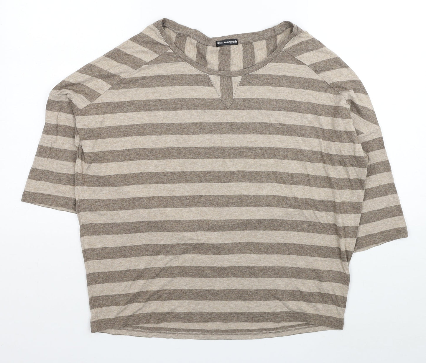 Marks and Spencer Womens Grey Striped Viscose Basic T-Shirt Size 14 Scoop Neck
