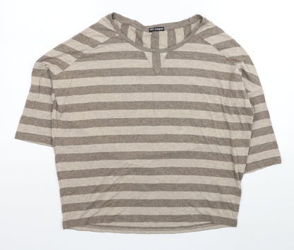 Marks & Spencer Womens Grey Striped Viscose Basic T-Shirt Size 14 Scoop Neck