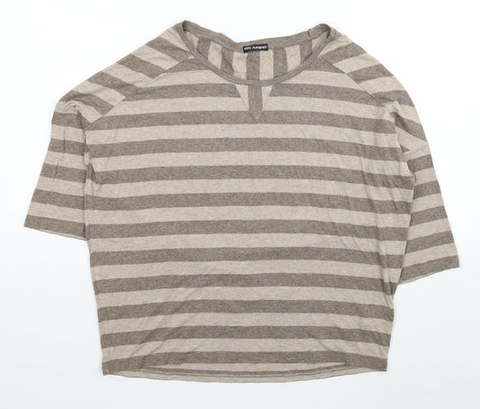 Marks and Spencer Womens Grey Striped Viscose Basic T-Shirt Size 14 Scoop Neck
