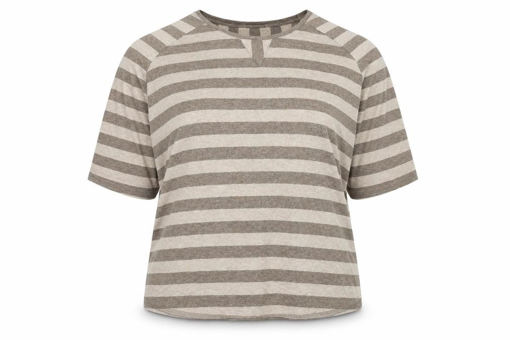Marks & Spencer Womens Grey Striped Viscose Basic T-Shirt Size 14 Scoop Neck