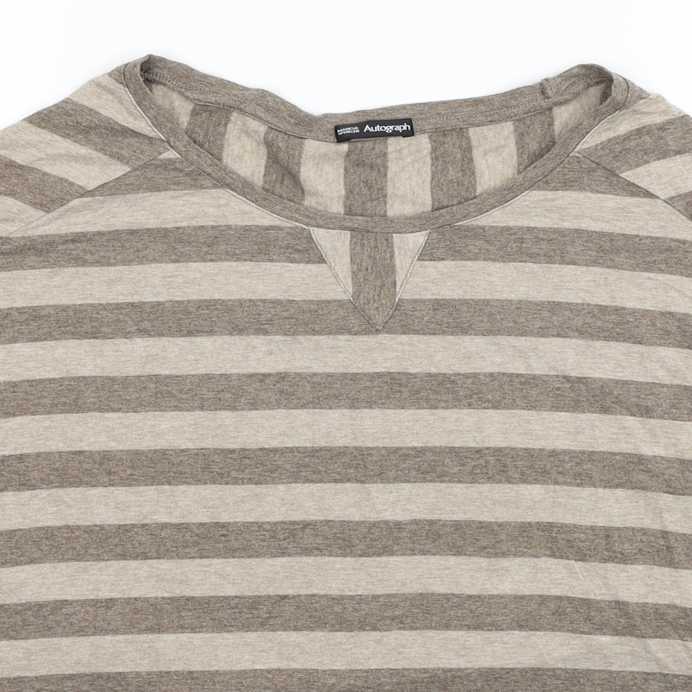 Marks and Spencer Womens Grey Striped Viscose Basic T-Shirt Size 14 Scoop Neck