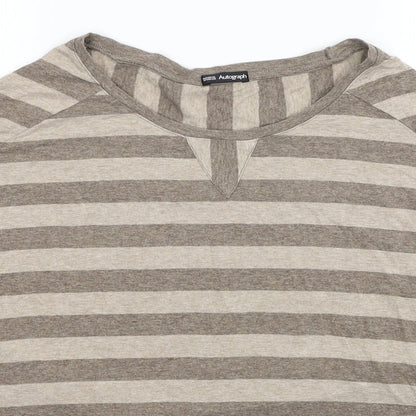 Marks & Spencer Womens Grey Striped Viscose Basic T-Shirt Size 14 Scoop Neck
