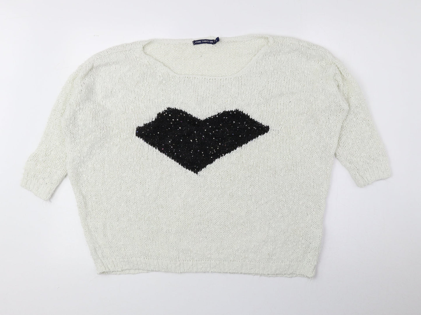 Store Twenty One Womens Ivory Round Neck Geometric Acrylic Pullover Jumper Size M
