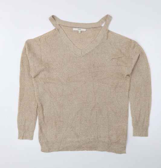 NEXT Womens Beige V-Neck Acrylic Pullover Jumper Size 10 - Cut Out Shoulders