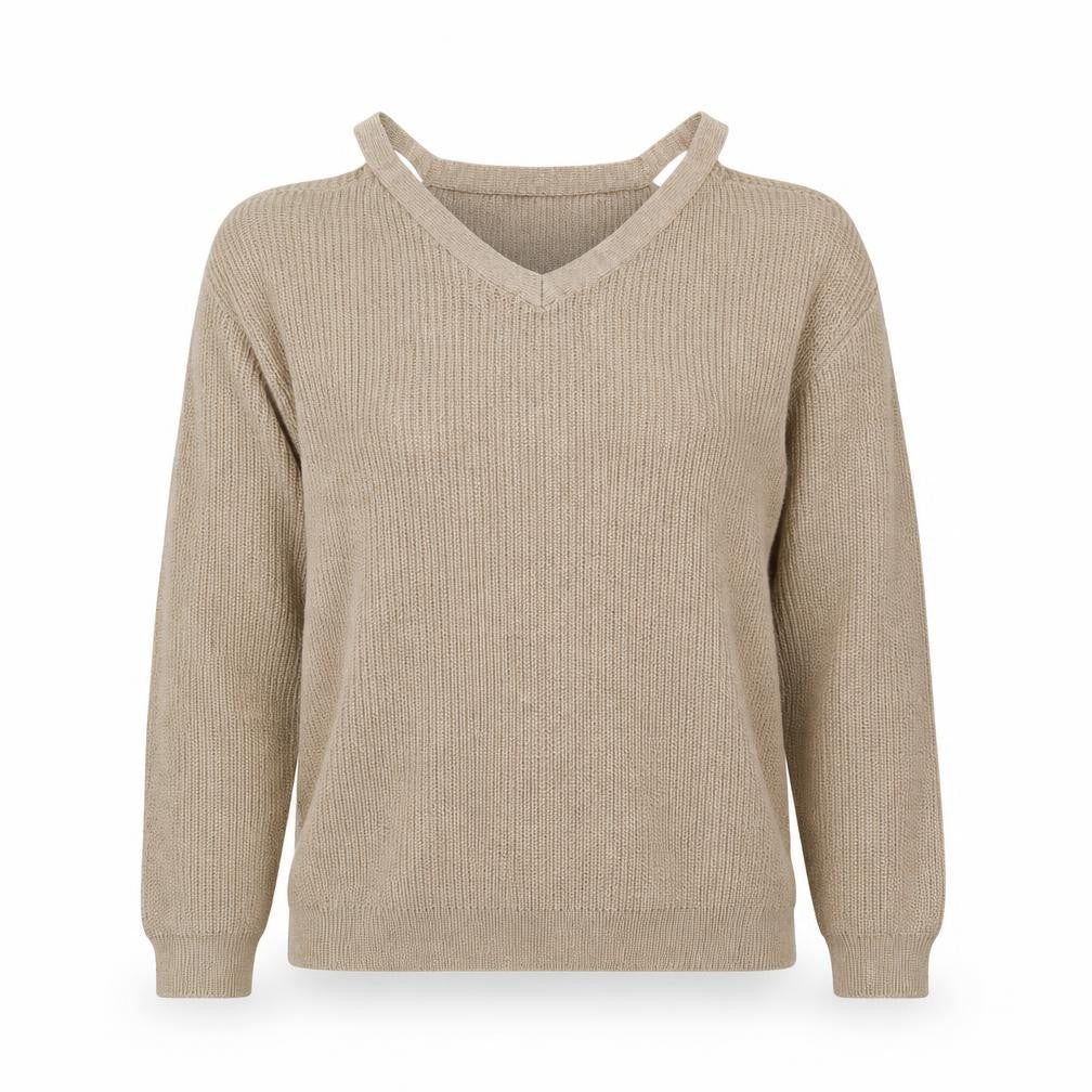 NEXT Womens Beige V-Neck Acrylic Pullover Jumper Size 10 - Cut Out Shoulders
