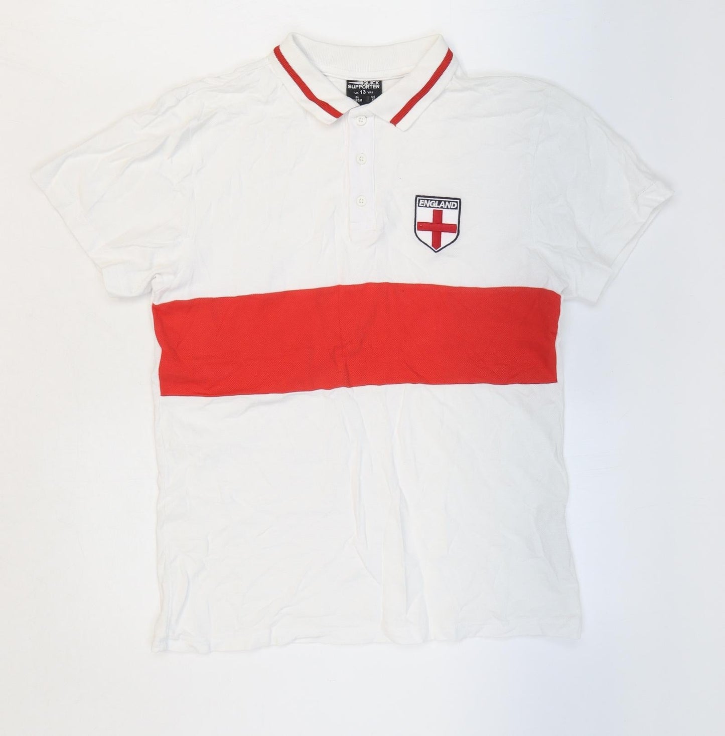 Quick Supporter Boys White 100% Cotton Pullover Polo Size 13 Years Collared Button - England