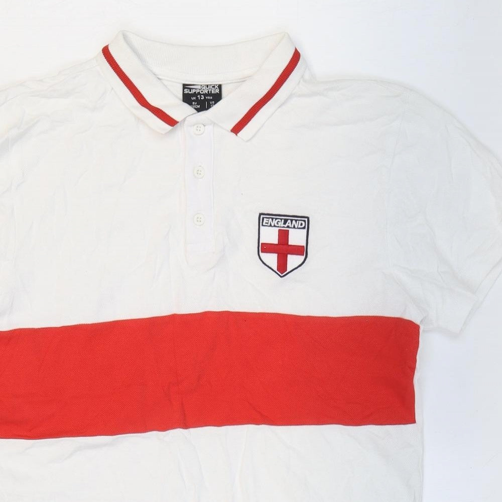 Quick Supporter Boys White 100% Cotton Pullover Polo Size 13 Years Collared Button - England
