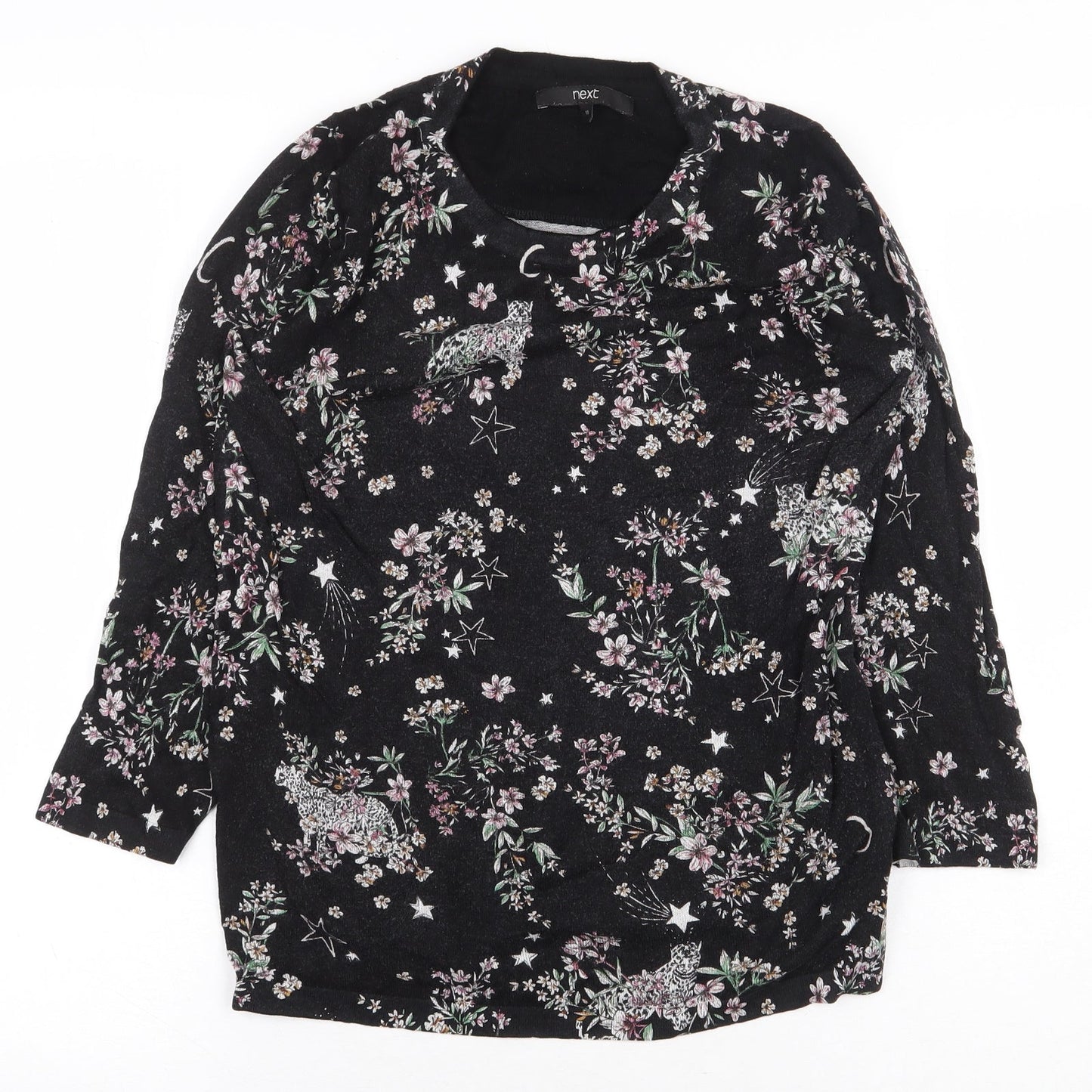 NEXT Womens Black Floral Viscose Basic T-Shirt Size 10 Round Neck