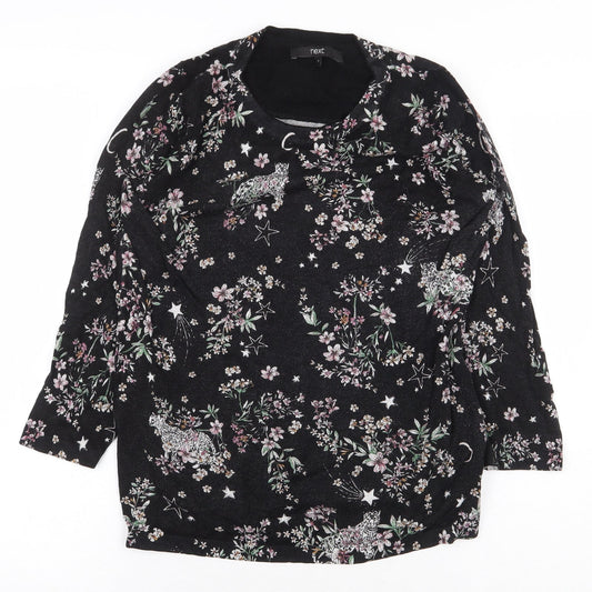 NEXT Womens Black Floral Viscose Basic T-Shirt Size 10 Round Neck