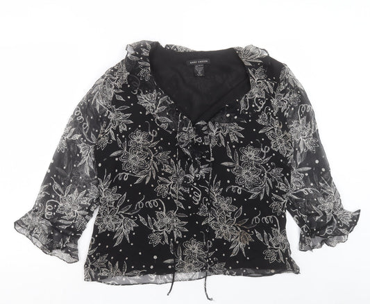 Anne Carson Womens Black Floral Polyester Basic Blouse Size XL V-Neck