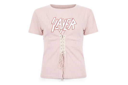 Eight Womens Pink Cotton Basic T-Shirt Size M Round Neck - Slayer Lace Up