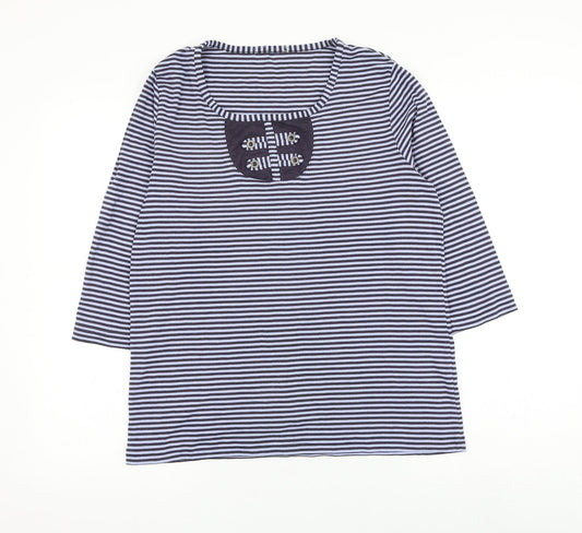 bonm Womens Blue Striped Polyester Basic T-Shirt Size M Scoop Neck