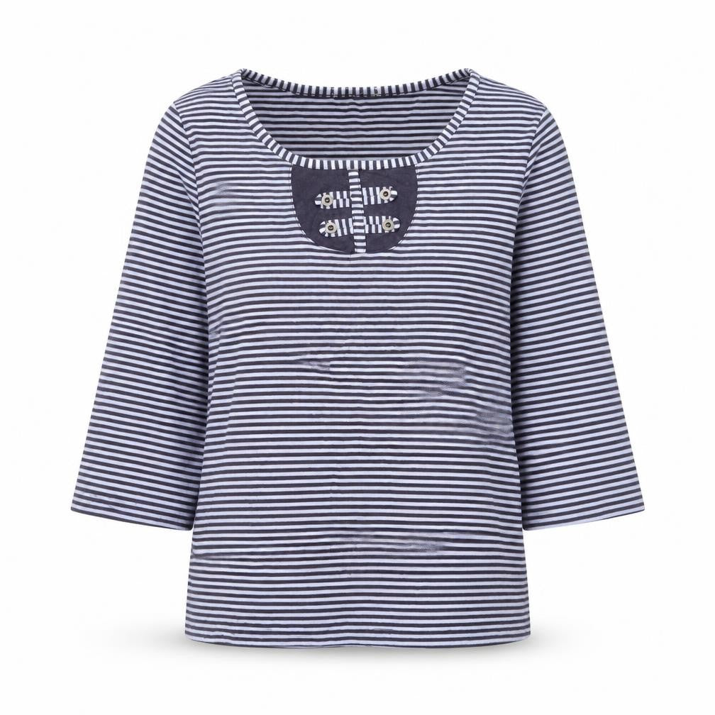 bonm Womens Blue Striped Polyester Basic T-Shirt Size M Scoop Neck