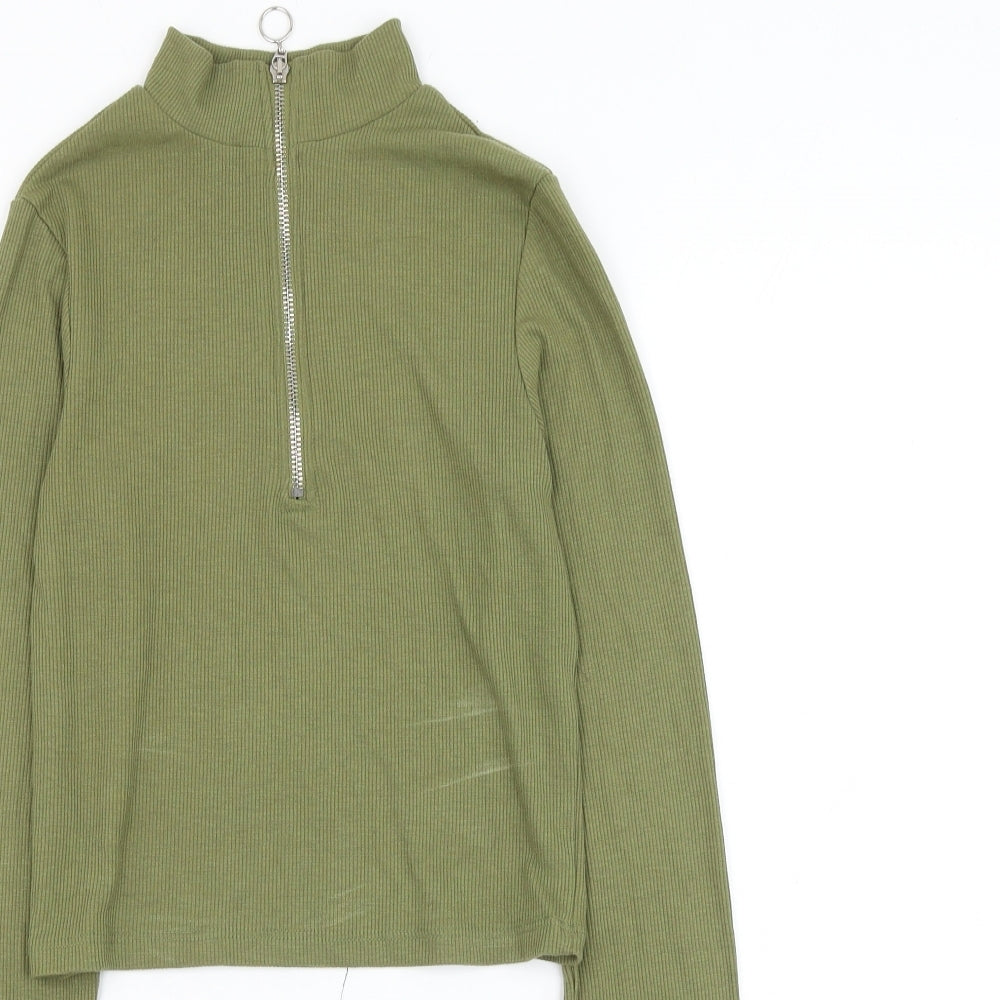 Stradivarius Womens Green Polyester Cropped Blouse Size S Mock Neck