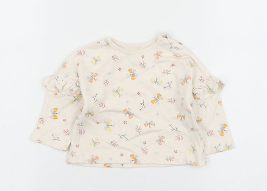 George Girls Beige Geometric Cotton Basic T-Shirt Size 0-3 Months Round Neck Button - butt