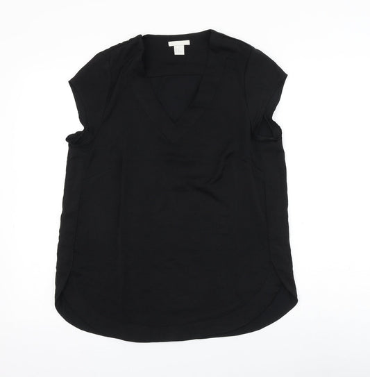 H&M Womens Black Polyester Basic Blouse Size 12 V-Neck